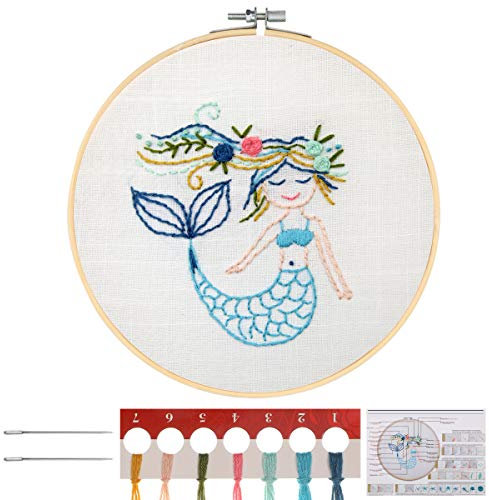 MWOOT Kinder Stickerei Starter Kit Kreuzstich Set,DIY Handgemachte Meerjungfrau Cross Stitch Embroidery Starter Kit für Anfänger