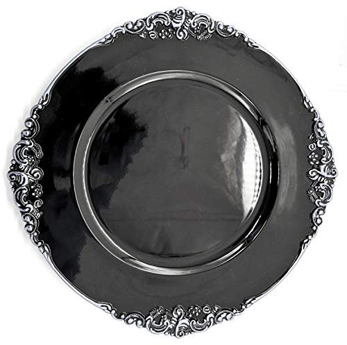 allgala 13-Inch 6-Pack Heavy Quality Round Charger Plates-Floral Black Silver Trim-HD80349