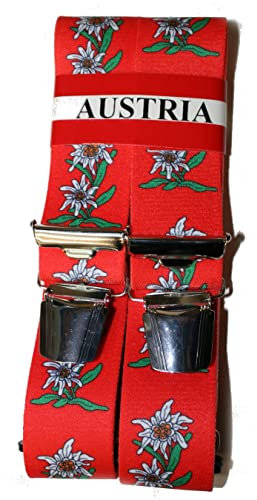 EDELWEISS Hosenträge AUSTRIA-ÖSTERREICH-VIENNA-WIEN im EDELWEISS Design 35mm Breit in H-Form mit 4 extra starken Clips UNI/Edelweiß grell-rot P-014