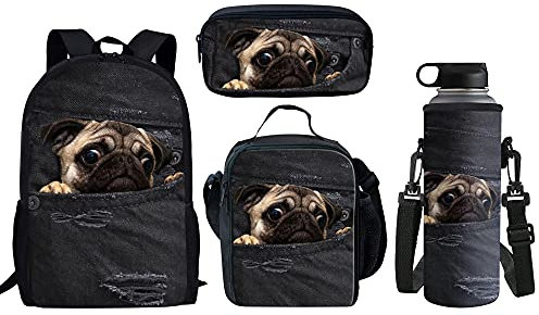 Belidome 4 Stück Schulrucksack, Federmäppchen, Lunchtasche, Flaschenhalter für Kinder, Jungen, Grirls, Mops, Einheitsgröße