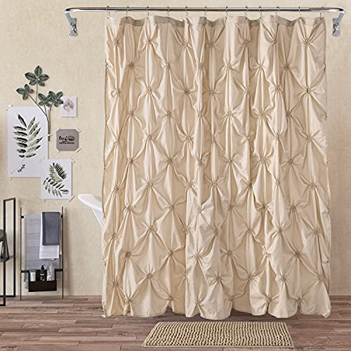 JSLOVE Duschvorhang-Set mit Teppichen, geklemmtes Plissee, Landhaus-Stil, Elegantes Dekor-Set mit 12 Duschvorhanghaken für Badezimmer, Standard, 183 x 183 cm, Beige, 2 Stück