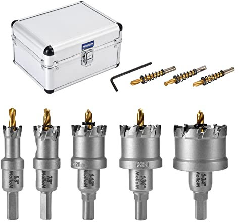 MOLLOM 5 seghe (16-45mm) Kit di seghe a tazza in carburo TCT per metalli duri 3 punte pilota extra per acciaio inossidabile, ferro, alluminio, leghe e altri metalli