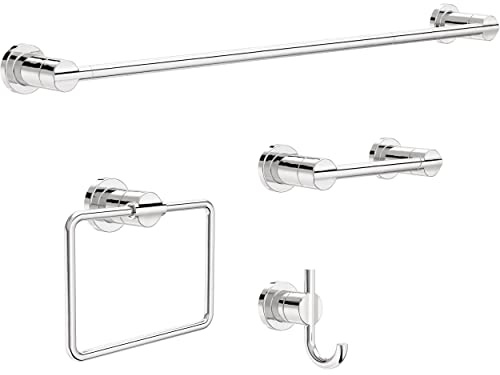 Delta 4-Piece Polished Chrome Bathroom Set Towel Rack, Ring, Toilet Paper Holder, Hook | Nicoli Bath Accessories