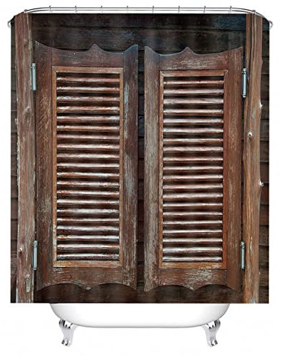 Bishilin Shower Liner Polyester Wood Door Anti Mould Shower Curtain with Hooks for Bath Tub and Shower Stall, Brown 180x180CM