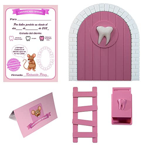Myfuturshop® Puerta infantil para dejar dientes de leche al Ratoncito Perez. Regalo Original para niño y niña. contiene Caja para los dientes, Escalera y 4 certificados de Diente Limpio. (Rosa)