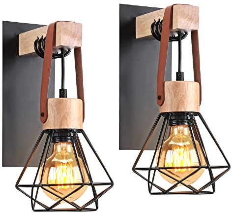 iDEGU Wandlampe Innen Vintage Wandleuchte im Industrial Design aus Holz und Eisen 1-flammig Retro Lampe mit Käfig Schwarz Einstellbare Hängelampe für Wohnzimmer Schlafzimmer Küche Flur (2 Stücke)