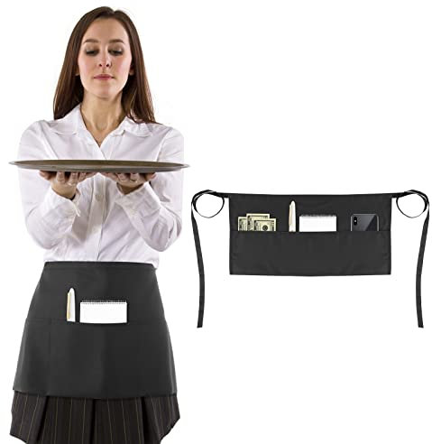 Lusofie Schwarze Schürze Kellnerschürze Kochen Kochschürze mit 3 Taschen Wasser Apron Ölflecken Küche Restaurant Servierschürze Koch Kellner Küchen Schürzen Männer und Damen Frauen Schwarz