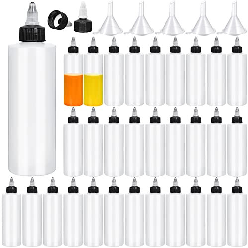 50 Stück 250ml Kunststoff Quetschflaschen Boston Runde LDPE Flaschen Leere Dosierflaschen mit schwarzem Drehverschluss 5 Trichter Nachfüllbar für Flüssigkeiten Zuckerguss Kekse Dekorieren Saucen