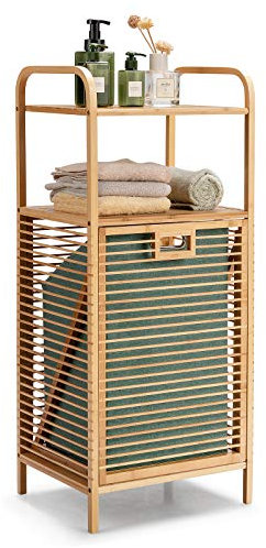 Multigot Tilt-out Laundry Hamper, 2/3 Tier Laundry Organizer Shelf with Pull-Out Bag & Open Shelves, Freestanding Bamboo Storage Cabinet Dirty Clothes Basket for Bathroom Bedroom (2-Tier Shelf)