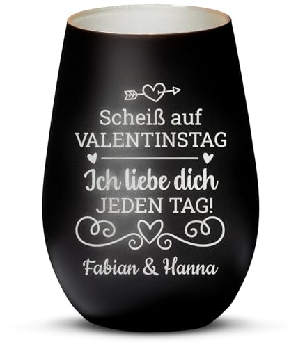 Love Faith personalisiertes Windlicht - Valentinstag - Schwarz/Silber | Stimmungsvolles Teelichtglas - Graviere Namen & Datum - Romantisches Geschenk für Paare zum Jahrestag