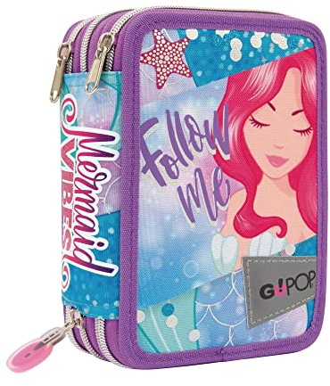 GO POP Giochi Preziosi Federmäppchen mit 3 Fächern für Damen – enthält 18 Buntstifte, 18 Filzstifte und andere praktische Schulutensilien, 13 L x 19,5 H x 6,5 T, Muster:, dim. 19,5 x 13 x 6,5 cm