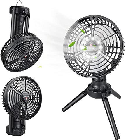 Tentock 10400mAh USB Ventilator Leise Tischventilator mit 3 Geschwindigkeiten,180°Drehung Tragbar Mini Ventilator Wiederaufladbarer Zeltventilator mit LED Licht&Haken für Camping Büro Hause (Schwarz)