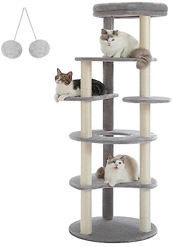 PETEPELA 154,9 cm Katzenbaum für Indoor-Katzen, [6 Ebenen] Katzenkletterturm mit 9 Sisal-Kratzstämmen und austauschbarem baumelnden Ball & Top Sitzstange, Grau