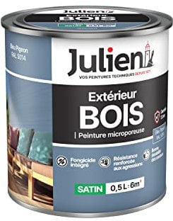 Julien Peinture Bois Microporeux Extérieur Satin - Portes, fenêtres, portails, mobilier de jardin - Bleu Pigeon 0,5 L