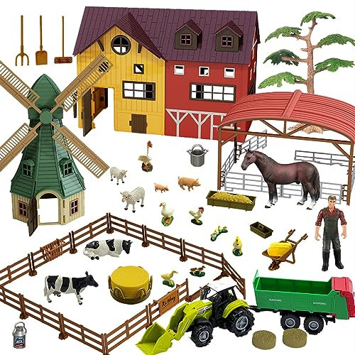 Hyrenee Ferme Animaux Jouet Set avec Moulin à Vent Maison Cheval Écurie Tracteur Remorque Figurines d'animaux Agriculteur Clôture Jeu Enfants Garçons Filles pour 3-7 Ans