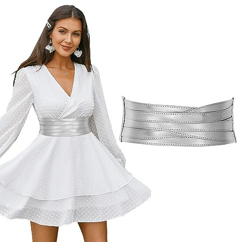 LEACOOLKEY Women Wide Leather Belt for Dress Chunky Elastic Stretchy Belt for Women Thick Obi Cinch Belt,Silver