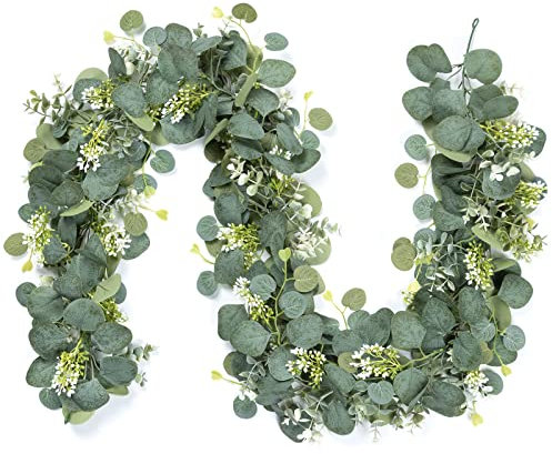 UXORSN 2PCS Artificial Eucalyptus Garland 6FT Faux Silver Dollar Foliage Greenery Vines Fake Leaves White Flowers Hanging Ivy Garlands for Wedding Party Mantle Table Runner Home Decoration
