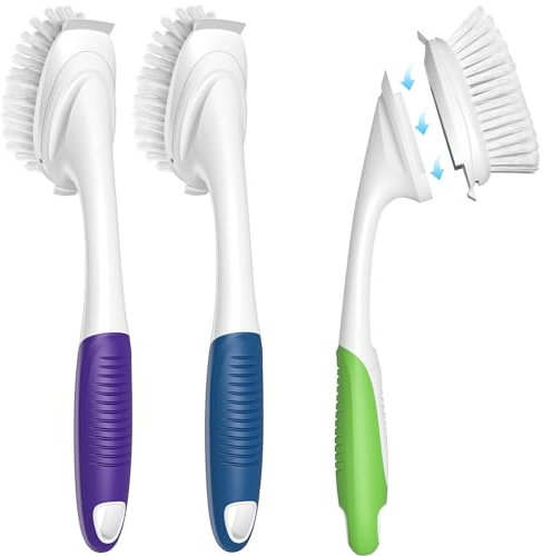 Dish Brush with Plastic Handle Built-in Scraper, Replaceable Brush Scrubbing Brush for Pans, Pots, Kitchen Sink Cleaning with Durable Bristles, 3 PCS