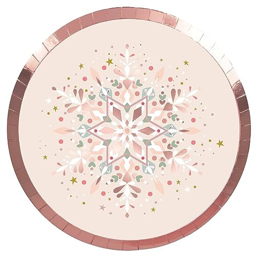 Horeca Collection 6 pezzi - Piatti Monouso Cartone Ø 23 cm a tema natalizio fiocco di neve oro rosa. Piatti biodegradabili Natale, 100% riciclabili celebrazioni ed eventi.
