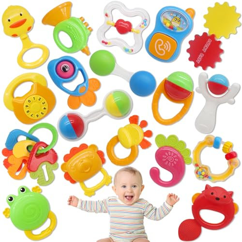 JQLM 21PCS Baby Rattles Set, Baby Toys 3-6 Months, Infant Grab and Shake Rattle, Sensory Teething Music Learning Toys for 3-12 Month Olds