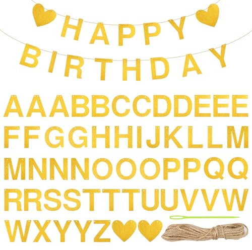 Glitzerndes Banner, goldfarbene anpassbare Buchstaben, Symbole, DIY personalisierte Wimpelkette mit 10 m Juteseil, Geburtstagsbanner für Mädchen und Frauen, Willkommen Zuhause, Mr and Mrs