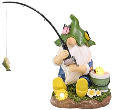 TERESA'S COLLECTIONS Gartenzwerge Gartendeko für Draußen,20cm Wetterfest Figur mit Solarleuchte,Fischen Gartenfiguren draußen,Gartenwichtel Gartendeko Solar,Balkon Deko