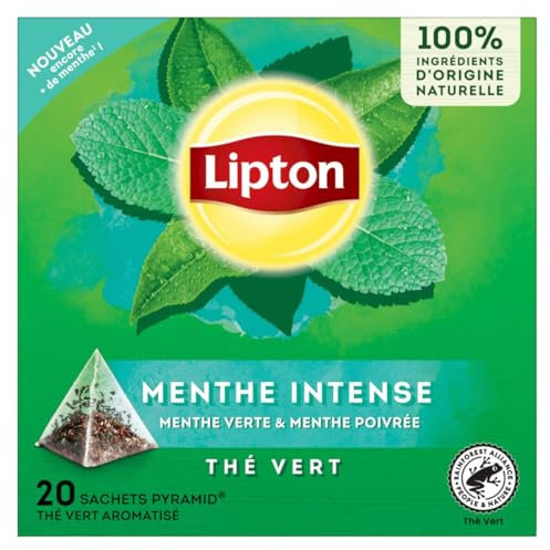 Lipton, Thé Vert, Infusion à Froid ou Chaud, Goût Menthe Verte & Menthe Poivrée, Fraîcheur, Ingrédients d'Origine 100% Naturelle, 20 Sachets Pyramid