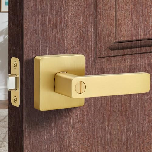 Gaurqiah Brushed Gold Door Handles, Heavy Duty Keyless Privacy Door Lever, Reversible Square Door Handle Without Keys for Bedroom Bathroom Doors, Satin Brass