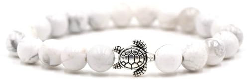 Bishilin Perlenarmband Herren Chakra, Charm Armbänder Perlen 8MM Weiß Türkis mit Schildkröte Personalisiertes Armband Männer 19CM