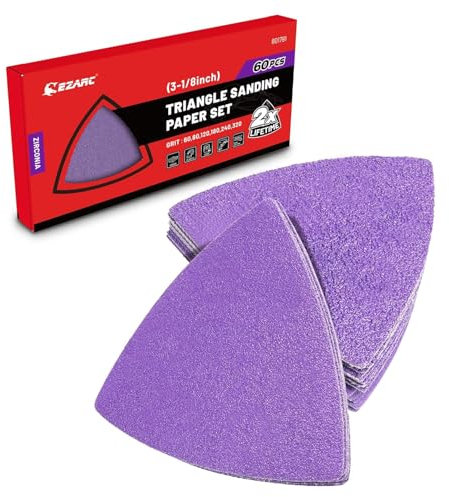 EZARC Schleifpapier Dreieckschleifer 60 Stück, Zirkonoxid Schleifpapier 80 x 80 x 80 mm Multitool Schleifdreiecke, 60/80/120/180/240/320 Körnung mit Klett, für Holz, Metall, Trockenbau