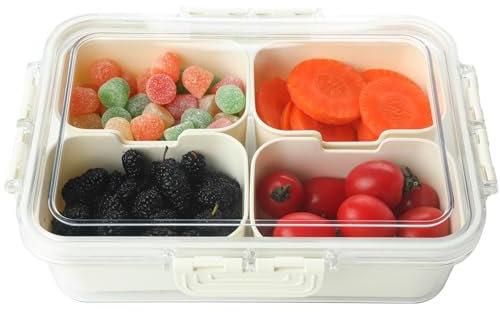 Surflyee Bandeja Dividida para Servir Con Tapa, 4 Compartimentos - Organizador de Alimentos para Aperitivos, Dulces, Frutas y Frutos Secos