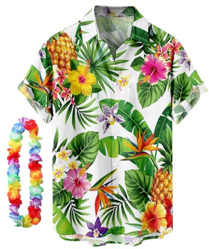 CIZEUR Chemise hawaïenne Homme Imprimée à Manches Courtes Colorées- Fleurs -Ananas -Coco-Flamants Roses,M WT-Feuille Verte et Ananas