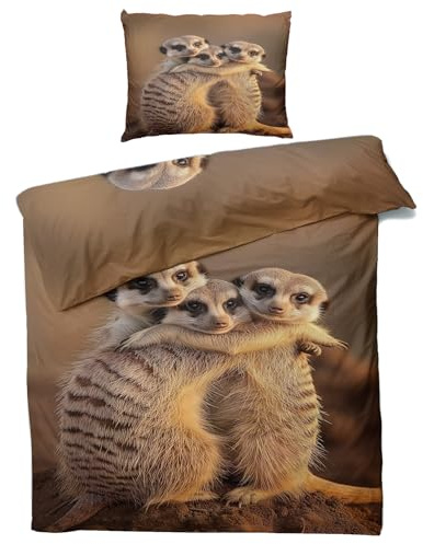 MOBEITI Erdmännchen Bettwäsche 135x200, Tiere Wendebettwäsche, Weiche Kuschelige Mikrofaser Bettbezug Set 2teilig, 1 Kissenbezug 80x80, mit Reißverschluss -MO&335