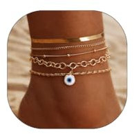 Ushiny Lot de 5 bracelets de cheville bohèmes en perles dorées contre le mauvais œil, bijoux de plage en arête de poisson, chaîne de pied pour femmes et filles, Plastique