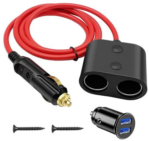 Hoembpn 180W Divisor de Encendedor de Cigarrillos de Coche de Alta Potencia Adaptador 1 Enchufe a 2 Tomas 18AWG,12V/24V Cargador de Encendedor de Cigarrillos de Doble USB para Coche, SUV, Camiones