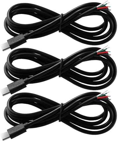 KUOQIY 3 Pezzi 100cm 22AWG USB Tipo C Maschio SPina Cavo 4 Fili di Alimentazione Pigtail Cavo, 5V 3A USB-C a 4 Pin Connettore Aperto a Filo Nudo, per Fai da Te
