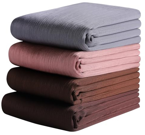 Febfim 4PCS Muslim Women Natural Wrinkle Long Satin Crepe Hijab Set Scarves Smooth Crinkle Ladies Shawl Wrap Set (Color 5)