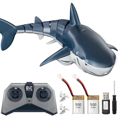 TEMI 2.4Ghz Remote Control Shark Toys for Kids, 1:18 Scale High Simulation Shark for Pool, Lake, Bathroom, RC Fish with Light, Spray Water, RC Boat Birthday Gift for Ages 3 4 5 6 7 8 Boys Girls