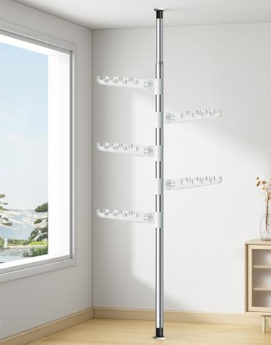 JONASHER 5-Tier Clothes Drying Rack Telescopic Coat Hanger Garment Stand Floor to Ceiling Laundry Pole Tension Rod Storage Organizer for Home, Balcony, Office 110-310cm