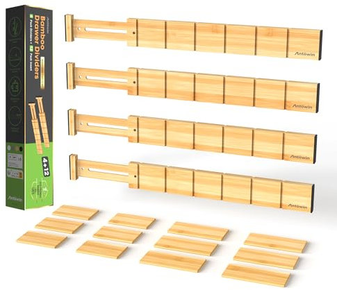 ANTOWIN 4 Pack erweiterbare Schubladenteiler, 5,7CM, erstreckt sich von 43CM bis 56CM, Schubladenorganisatoren für Küche, Schlafzimmer, Büro, Badezimmer (Natur)