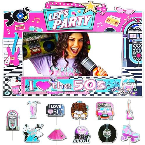 JeVenis 50er Jahre Sock Hop Photo Booth Rahmen Requisiten 50s Theme Party Dekorationen 1950er Dekorationen 50s Theme Party Supplies Bunte Retro 50er Jahre Raumdekoration Home Zeichen Ausschnitte