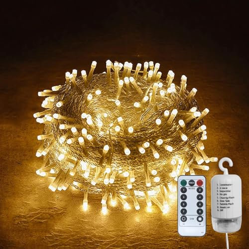 Gresonic Lichterkette Außen & Innen, 200LED 20m Warmweiß Batteriebetrieben Lichterketten 8 Modi Timer Fernbedienung Dimmbar IP44 Wasserdicht für Weihnachten Garten, Party, Hochzeit, Balkon, Balkone