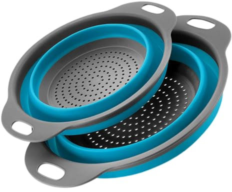 Surwin 2 Pcs Collapsible Colanders, Big Small Combination Silicone Colander, Foldable Filter Drain Baskets, Kitchen Strainer for Draining Pasta Fruits Vegetable Colanders (Blue,Set of 2)