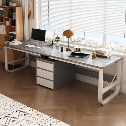 HCBHG Large Two Person Desk with Drawers, Double Gaming Computer Desk Workstation, Wood Writing Study Table, Long Desk for 2 People, for Home Office(Gray,94.48in)