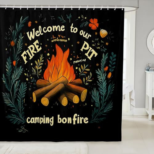 Homemissing Kids Happy Camping - Cortina de ducha de 150 x 180 cm, juego de cortina de ducha para camping, accesorios de baño para niños