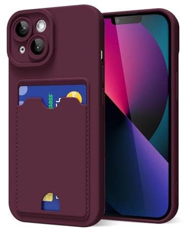 oakxco for iPhone 13 Mini Case with Card Holder, Cute Silicone Wallet Phone Case with Credit Card Slot, Soft Rubber Thin Slim Purse for Women Men with Camera Cover Protection, Burgundy Maroon
