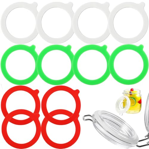 Belvanr Silikon Gummiringe für Gläser, 12 Stück, Innendurchmesser 70 mm, Einweckgummi, Weiß, Rot, Grün