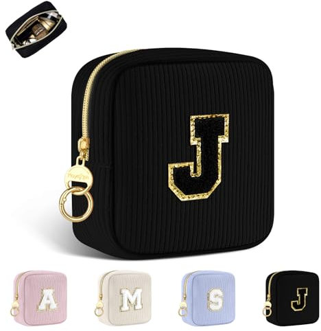 Petit Trousse Personnalisable Pochette Maquillage Femme Mini Trousse de Toilette Fille avec Initiale Sac de Cosmétiques en Velours Côtelé Personnalisée Cadeau Anniversaire Noël Filles Maman(Noir-J)