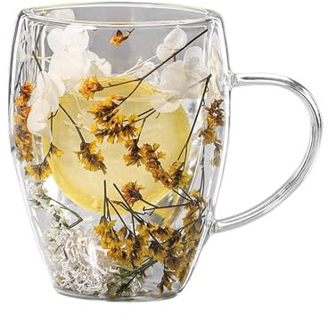 Dried Flowers Glass - Double Walled Glass Mugs with Handle | Coffee Mugs for Hot Drinks & Cold Drinks | Tea Cup | Glass Anti-Scalding Creative Coffee Cups | Milk Mug