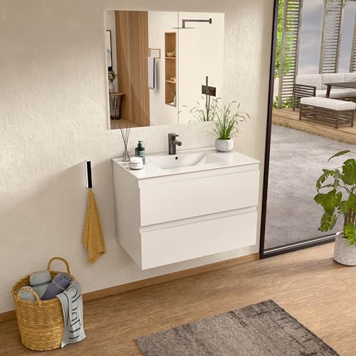 BELLOBATH - Mueble Baño Suspendido con Lavabo de Cerámica y Espejo, Mueble Baño con Lavabo Montado con 2 Cajones, 80 x 55 x 46 cm, Mueble Blanco